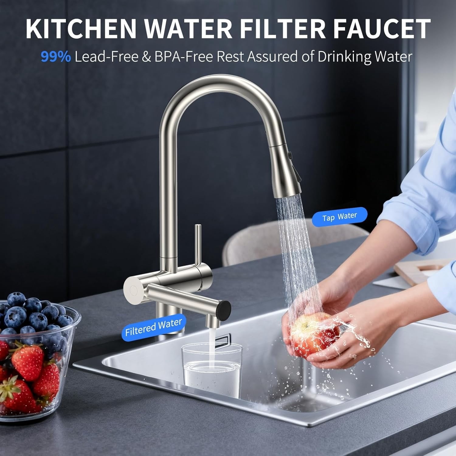 Beteliva Retractable Dual-Outlet Kitchen Faucet with Filter, 3 Spray Modes, Silver Finish