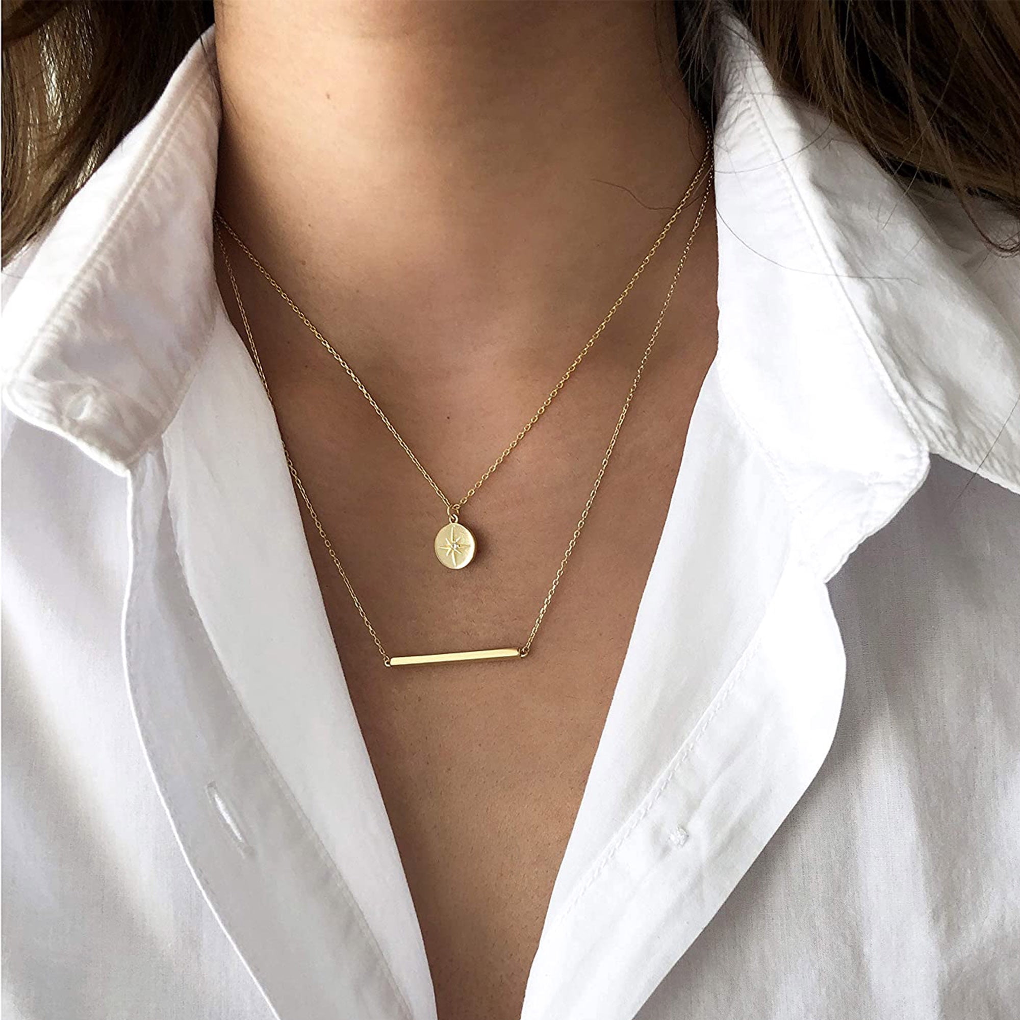 S.Leaf Bar Necklace for Women Bar Necklace Sterling Silver Dainty Necklace (Gold)