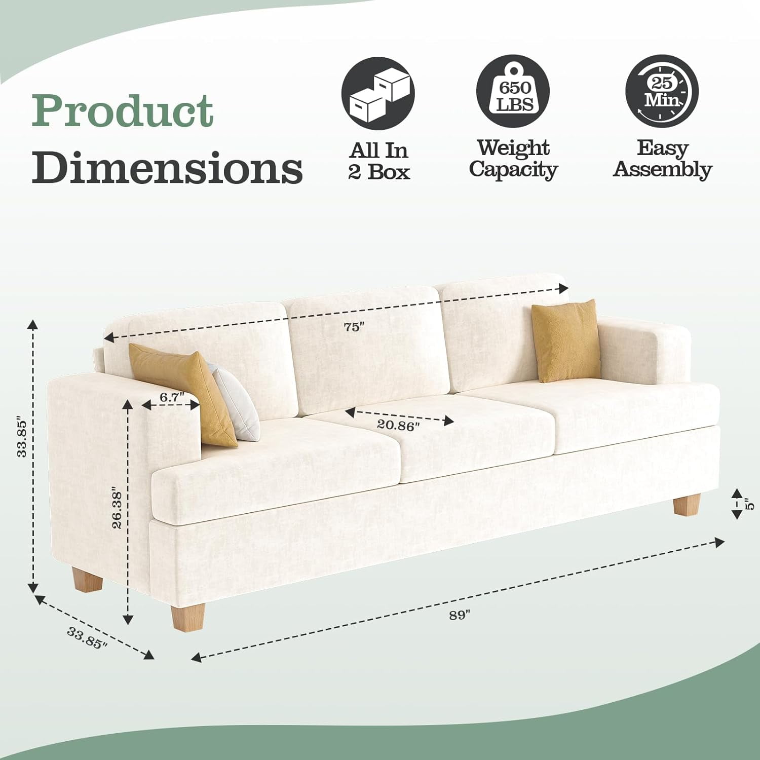 Techmilly Modern Comfy Deep Seat Sofa,3 Seater,for Living Room Bedroom,Apartment,Lounge,Beige Chenille