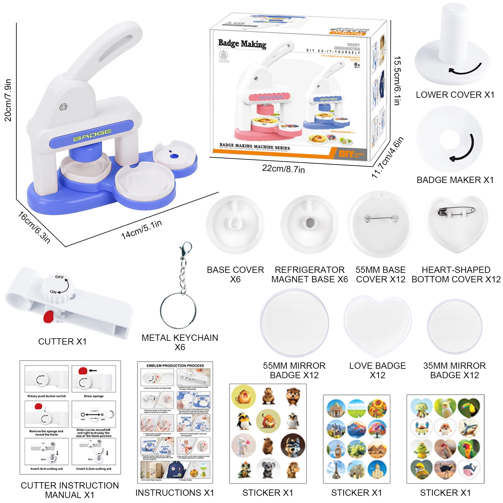 Dongyi Button Maker Machine(55mm&35mm)w/Metal Press Machine,36 Pre-Cut Paper Circles+Cutter-Create Your Own Badges-DIY Craft Kit,Blue