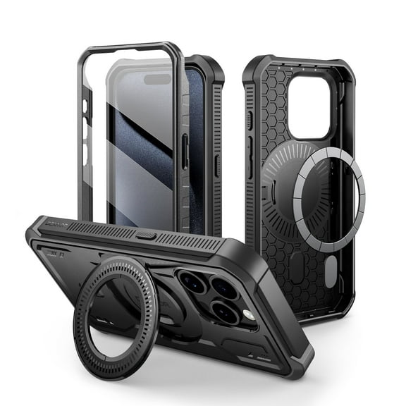 Dexnor Magnetic Case for iPhone 15 Pro, Compatible with MagSafe, [Built in Screen Protector and Kickstand] Full-Body Shockproof Rugged Bumper Phone Cover for iPhone 15 Pro, Black