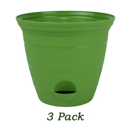 Plastic Flower Planters 3 Pack 12 Inch Plastic Self Watering Flower Plant Pot Garden Potted Planter, Green ()