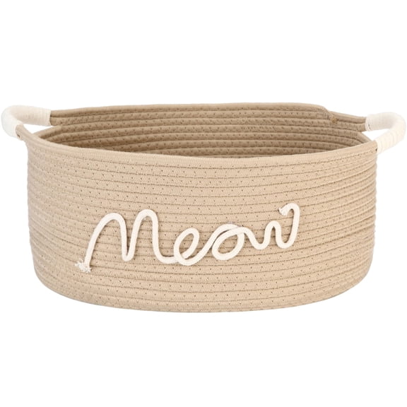 Sea Team Cat Toy Storage Basket with Handles, 16.5 x 11 x 7 Inches, 4.4 Gallons Large Cotton Rope Storage Bin, Shelf Basket, Organizer for Pet Chew Toys, Foods, Beige Meow