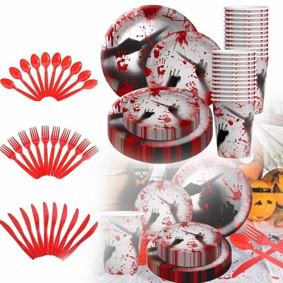 CPHDW7 10 Pack Halloween Paper Plates, Bloody Printed Disposable Plate Set with Cups, Scary Themed Party Tableware for Decor