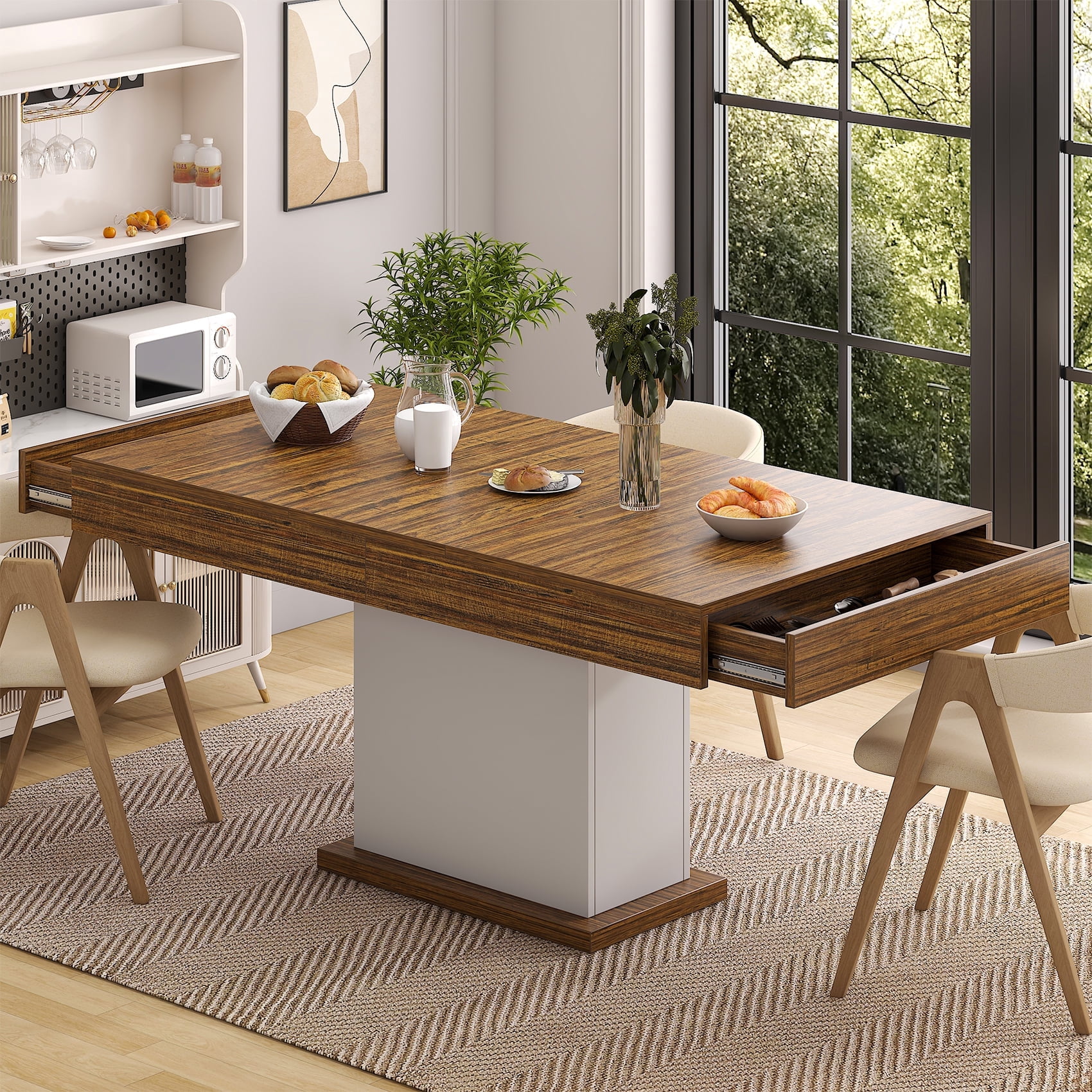 Winkalon 55.1" Dining Table, Rustic Wood Dinner Eating Table With Drawers for Kitchen, Dining Room, Walnut