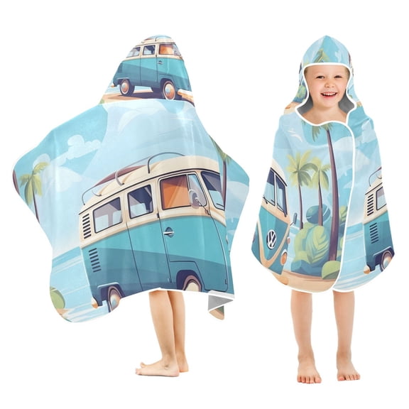Bus in Summer Tree Kids Hooded Beach Towel Baby Bath Poncho Towels with Hood Absorbent 50"x23.5" for Pool Swimming