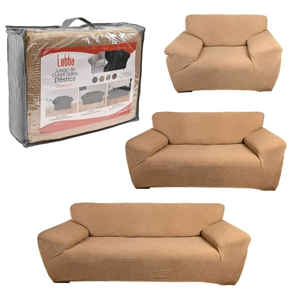 LABBA Cubre Sala Protector Ajustable de Sillón, Juego de 3pzs, Tejido Elástico, Fácil Lavado, Color Camel