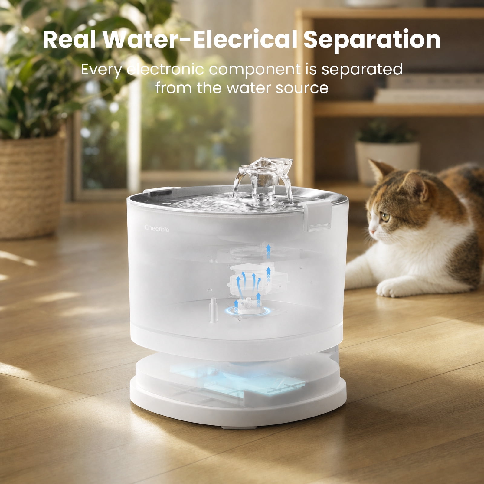 Cheerble Elfin E1+ 2 L Stainless Steel Wireless Pet Water Fountain with Multi-Layer Filter