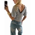 thumbnail image 4 of Gynyvoja Women'S Reversible V-Neck Short Sleeve Striped Fitted Cropped T-Shirt Gray S, 4 of 9