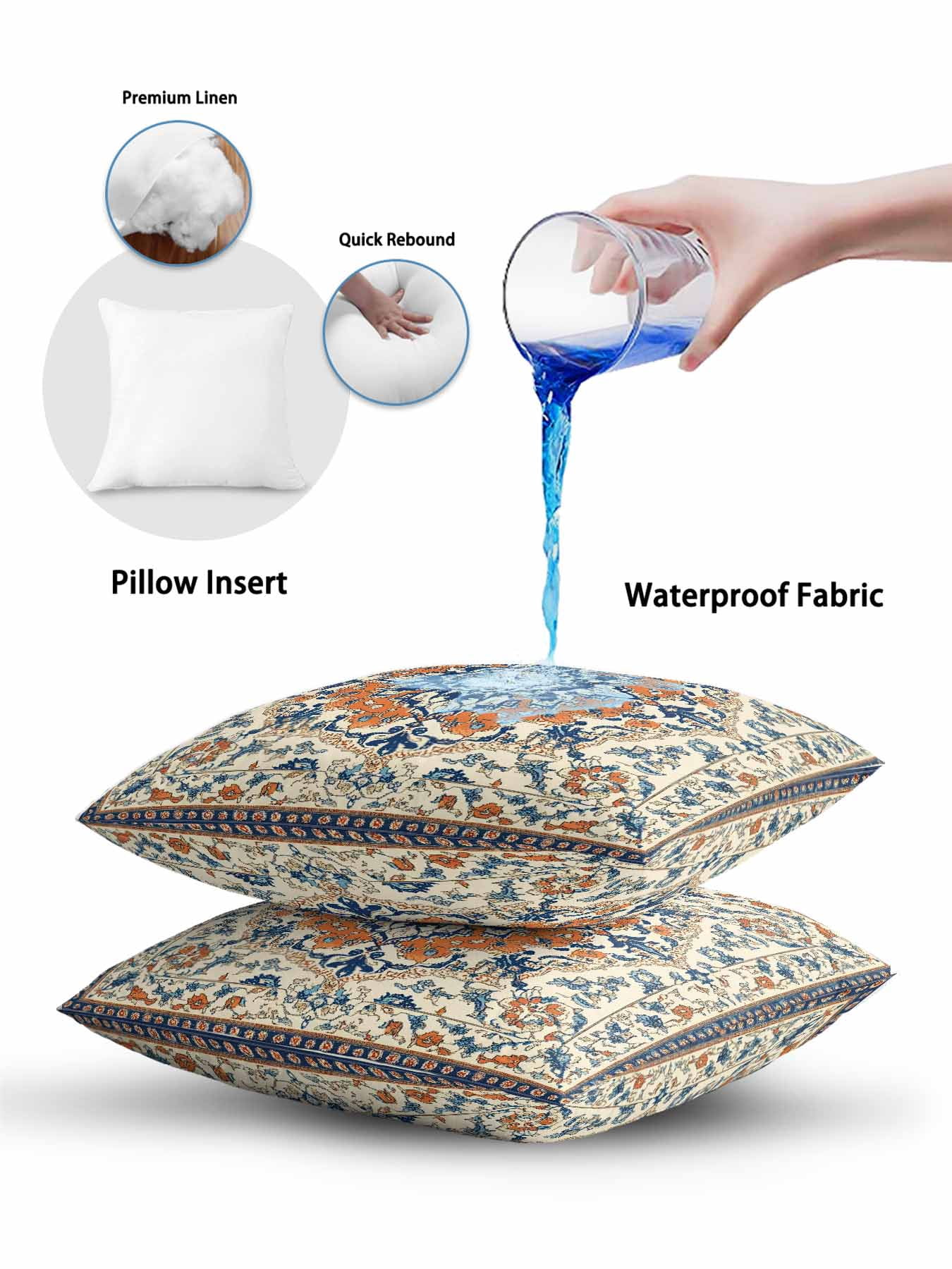 Outdoor Pillows Waterproof, Orange Blue Ethnic Rustic Bedding Throw Pillows with Insert for Couch Sofa Bed, Boho Southwestern Heritage 16x16 Inch Pillowcases Decorative Camping Patio Pillow Set of 1