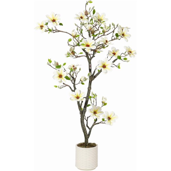 5FT Faux Magnolia Plants Artificial Flower Trees Fake Plants For Yard Patio Home Office Arrangement Decor Indoor Outdoor Artificial Magnolia Tree Inc. 120 Realisc Flowers Vivid Leaves Mosses White Pot