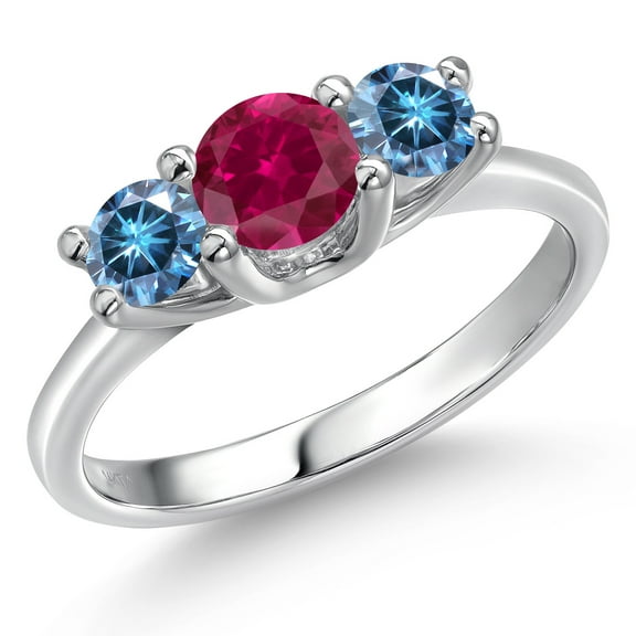 Gem Stone King 14K White Gold Red Created Ruby & Persian Blue Moissanite 3-Stone Engagement Ring | 1.06 Cttw | Round 5MM and 4MM | Three Stone Wedding Anniversary Promise Ring for Women (Size 5)
