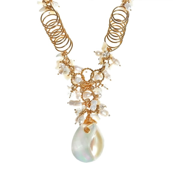 AeraVida Exotic Cultured White Freshwater Pearl and Shell Brass Chain Statement Necklace for Female Adult Anniversary Jewelry Gift