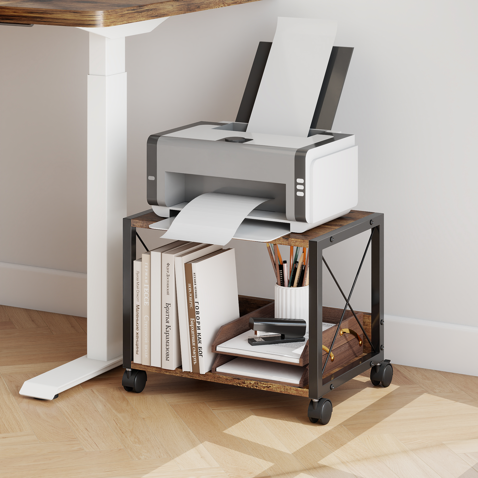 Petoto Printer Stand, 2 Tier Mobile Printer Table with Locking Wheels, Heavy Duty Printer Shelf Printer Cart for Under Desk, Home, Office