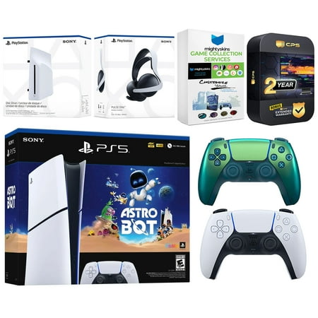 Sony PlayStation 5 Slim Digital Astro Bot Bundle with Disc Drive, Extra Controller, MightySkins Voucher and 2 Year Extended Warranty - Chroma Teal