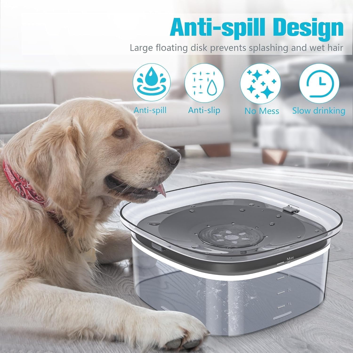 4L Dog Water Bowl 135oz No Spill Dog Bowl Extra Large Capacity Slow Drinking Water Feeder, Splash Proof Pet Water Dispenser Vehicle Carried Travel Water Floating Bowl for Dogs, Cats.Product