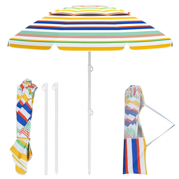 Patiojoy 6.5 FT Beach Umbrella UPF50 Sun Protection Portable Outdoor Sunshade Parasol for Sand w/ Push Button Tilt