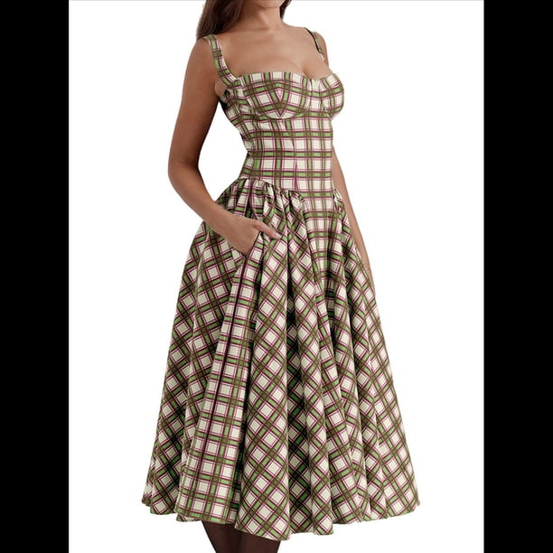 Vestido Elegante con Corsé para Mujer, Vestido Midi con Tirantes, Escote Bajo, Plisado y Fluido, Vestido de Fiesta con Bustier. Cuadros S