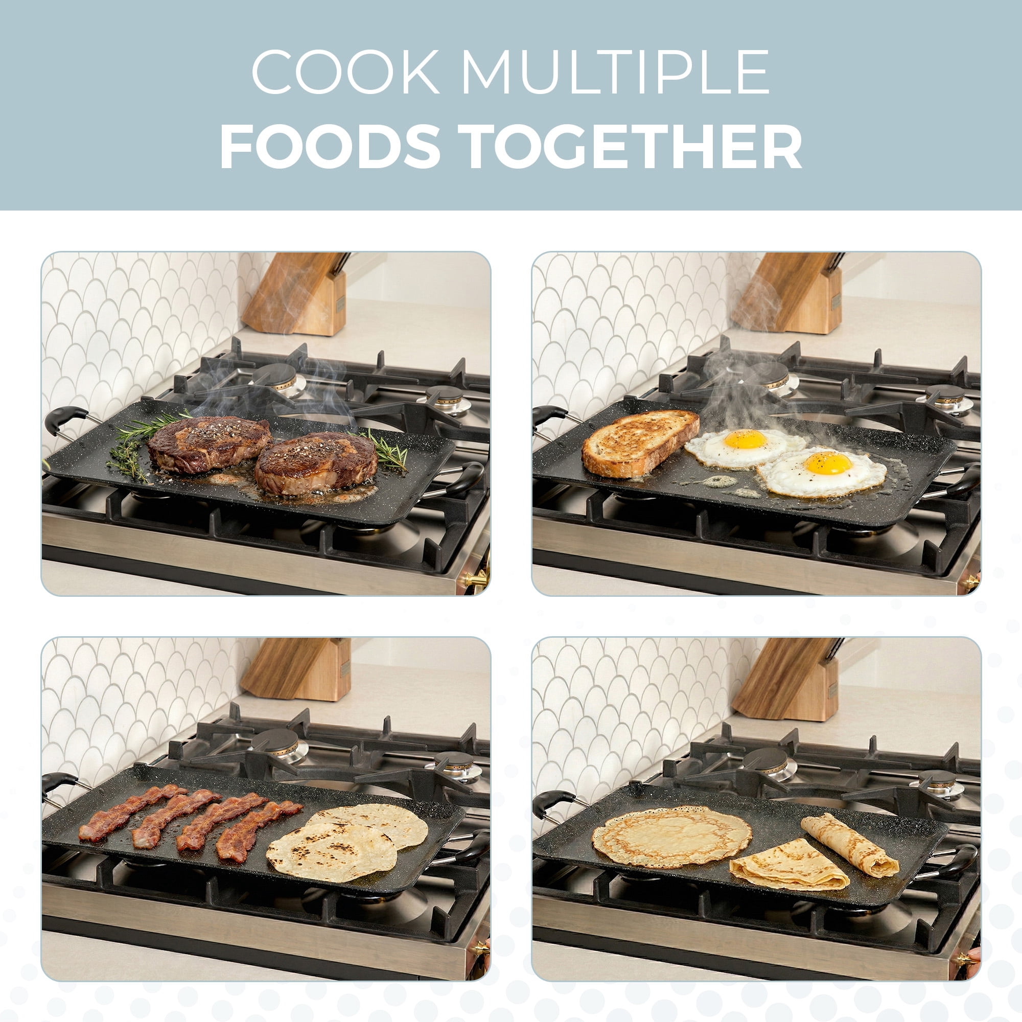 Alpha Living Double Griddle Pan for Stove Top - 18.75 Inch Non-Stick Marble Aluminum Griddle for Gas Grill Nonstick Pan for Crepes, Tortillas – Heat Resistant Handles – Even Heat Distribution