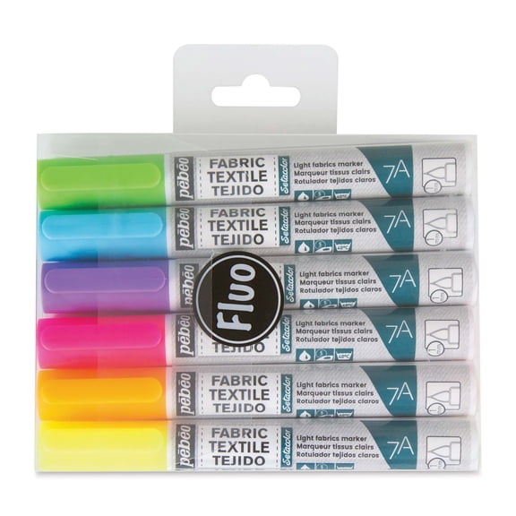 Pebeo 7A Light Fabric Brush Markers - Set of 6, Fluorescent Colors, 1 mm