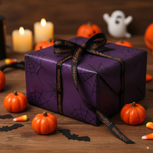 Decoraciones de Halloween, Adornos de Halloween, Regalos de Halloween, Cinta de Halloween, Decoración para fiestas de Halloween, Lazo, Diadema, Material: Cinta de poliéster de color liso con letras de