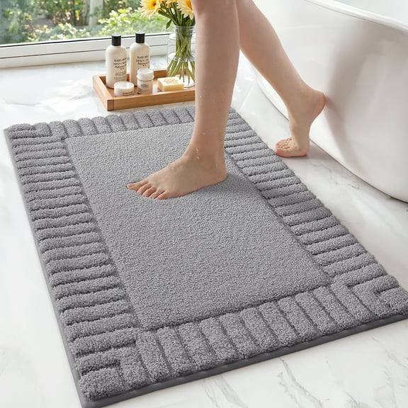 OEAKAY Textured Plush Dark Gray Microfiber Bath Mat, 16"x24", Non-Slip and Absorbent Bathroom Rug, Machine Washable, Quick Drying Shower Floor Carpet
