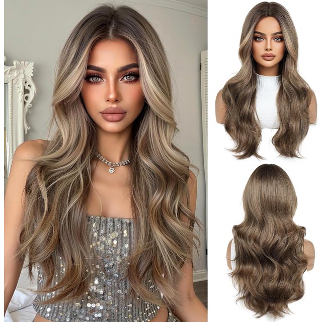 Yanonmyfd 24 Inches Long Wavy Purple Wig for Women Natural Synthetic Hair Heat Resistant Ombre Wigs with Dark Roots for Daily Party Cosplay Wear