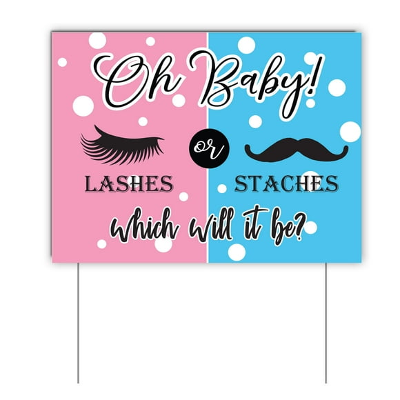 VictoryStore Gender Reveal Decorations - Oh Baby Yard Sign Lashes or Staches Who Will It Be 17 Inches x 23 Inches Sign Set of 2 Includes 4 Stakes, 19405