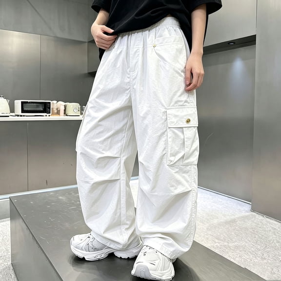 Frostluinai Girls Cargo Parachute Pants Elastic Waist Lightweight Wide Leg Pant Streetwear Hip Hop Dance Trousers with Pockets 7-15 Years