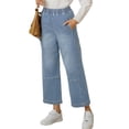 thumbnail image 3 of Women Elastic Waist Casual Wide Leg Jeans Ankle Barrel Capri Denim Pants, 3 of 7