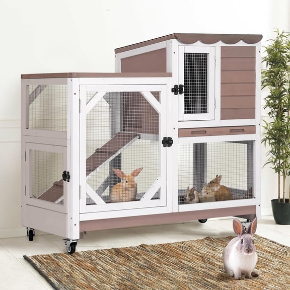 Aivituvin 2-Story Rabbit Hutch Bunny Cage Wooden Rabbit Cage Indoor/Outdoor with Chew-Proof Ramp, 2 Leak-Proof Pull-Out Trays, Lockable Wheels for Rabbits, Guinea Pigs, Small Animals Brown