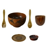 unbranded 6pcs Japanese Cutlery Tableware Set Wooden Rice Bowl Spoon Fork Dish Cup