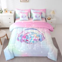 Erosebridal Disco Ball Headphone Bedding Sets King Size,Musical Melody Comforter Sets with Sheets,Gradient Glitter Print Bed in a Bag King Size,Microfiber Bedroom Decor Reversible,7-Piece