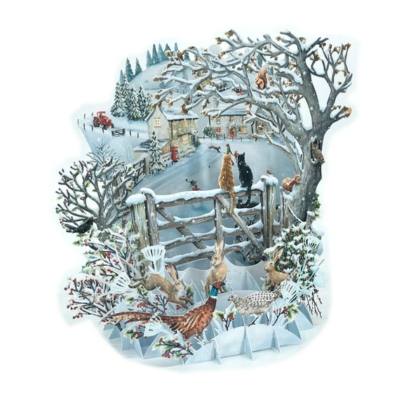 Me & McQ Let it Snow: Snow Covered Trees, Cats on Gate, Rabbits, Chipmunks and Birds 3D Pop Up Laser Cut Christmas Card