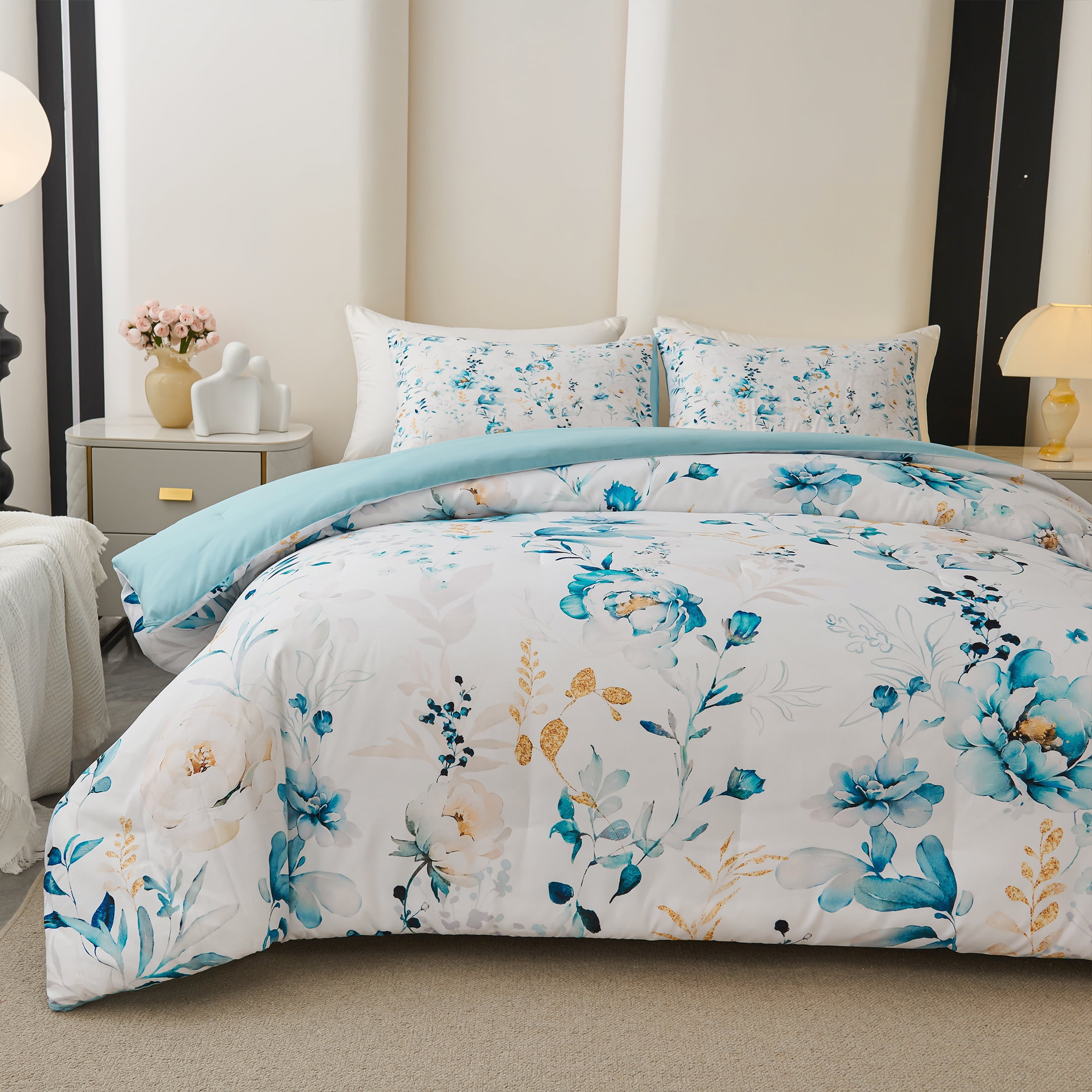 Koniroom 3 Pieces Floral Comforter Set King Size, Reversible Blue and White Flower Bedding with Peonies, Roses, Wildflowers, Leaves, and Branches Pattern for Women