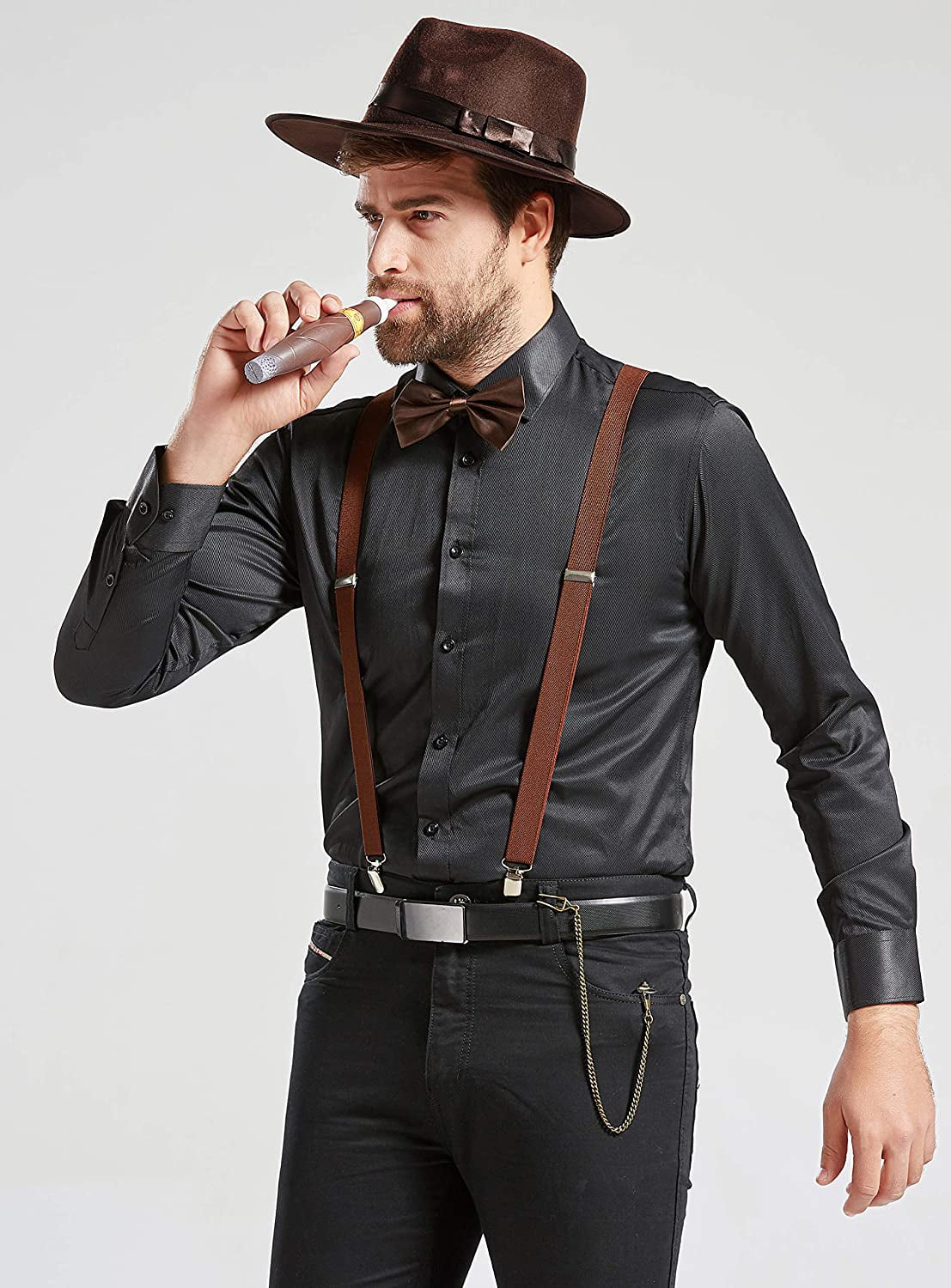 Gangster Tie & Fake Mustache Mens Roaring 1920s Set Manhattan Fedora Hat,Y-Back Suspenders & Pre Tied Bow Tie 
