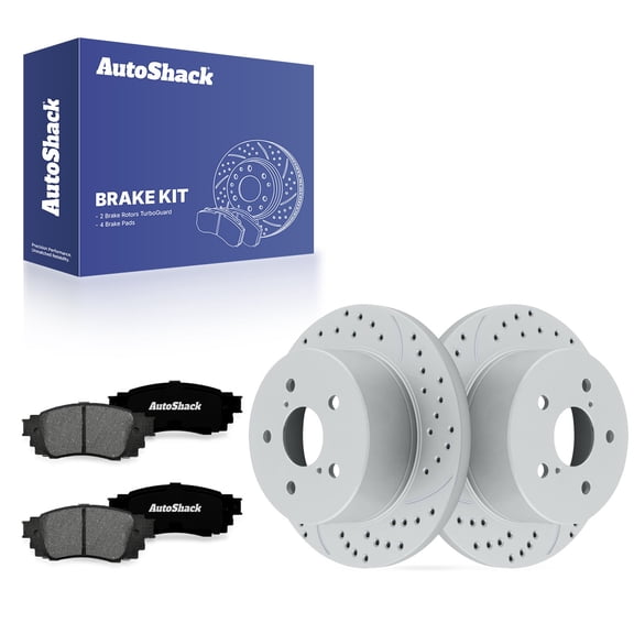 AutoShack Rear Solid Drilled & Slotted Coated Brake Rotors Silver Matte Finish   Premium Ceramic Pads 6-PC Brake Kit Replacement for 2018-2025 Toyota Camry TurboGuard 11.06" (281 mm)