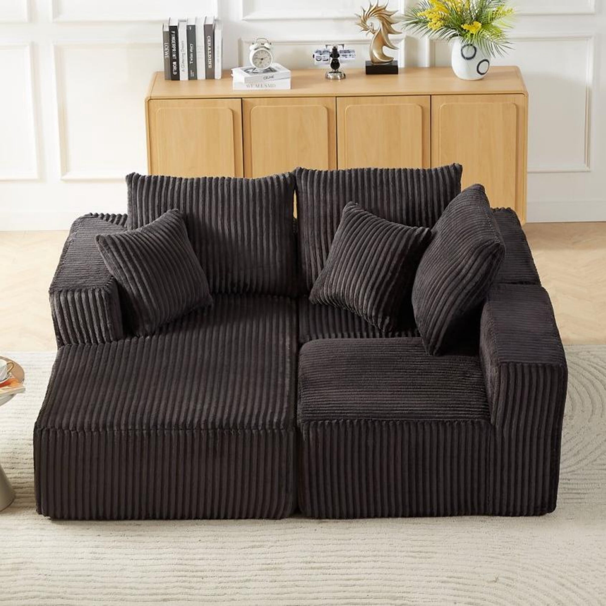 DEALTOPS L-Shaped Corduroy Sectional Sofa, 4-Seater Convertible Couch with Chaise, No Assembly, Dark Gray