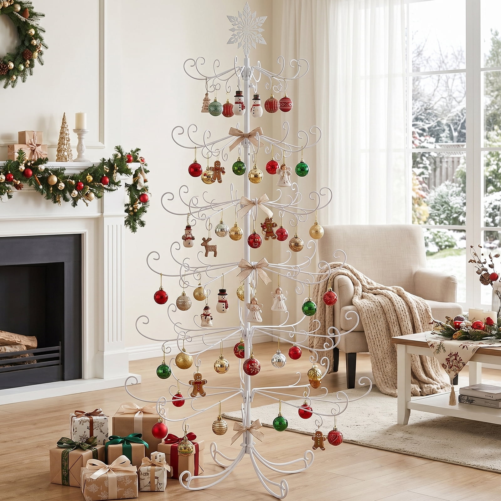 6ft White PVC Metal Artificial Christmas Tree with Snowflake Topper, No Extra Ornaments, Daily Decor Tree