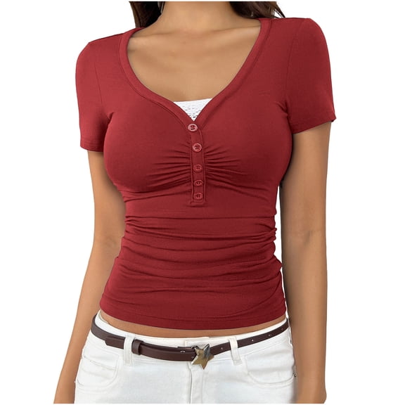 Womens Henley Shirt, Short Sleeve Shirts for Women Summer Slimming Fit Solid Color Button Up V Neck T-Shirts