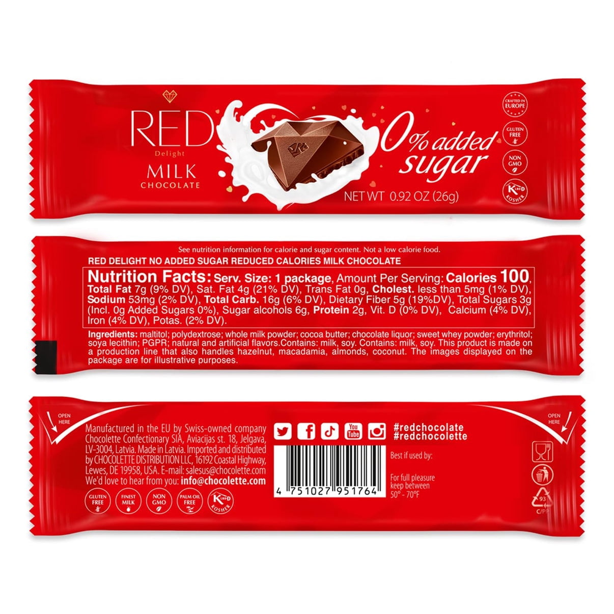 RED Delight Milk Chocolate 12 Count Box of Grab N Go Travel Size Bars (0.92 Ounces Each)