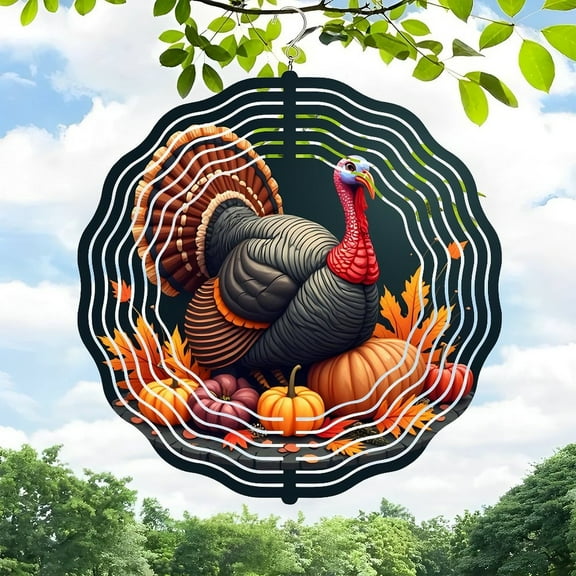 3D Metal Hanging Wind Chimes - Vibrant Turkey Design with Autumn Pumpkins & Leaves Circular Pattern for Yard & Garden Decor