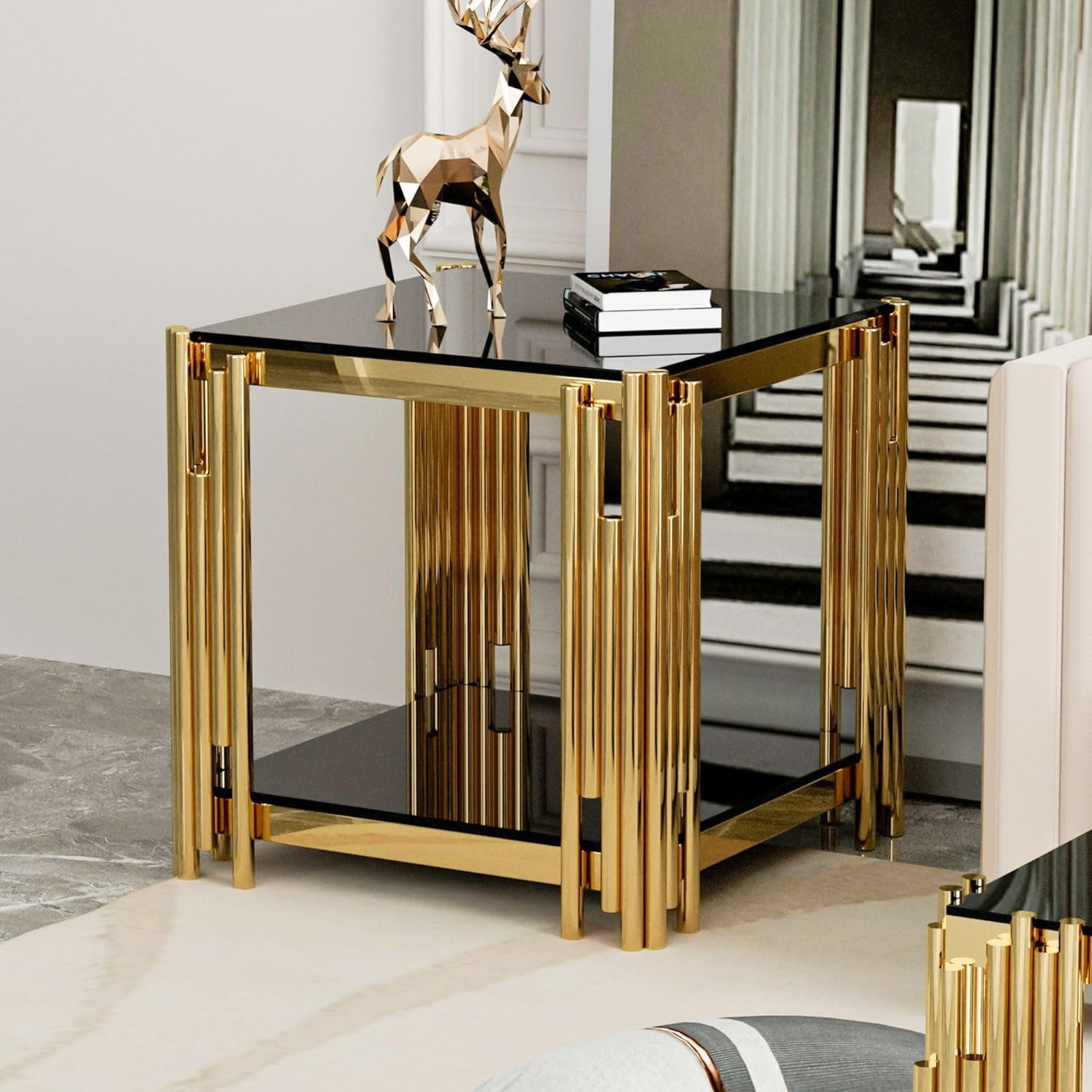 End Tables for Living Room Set of 3, Holaki Modern Rectangle Tempered Glass Coffee Table with 2 Square End Table, Coffee Table Set with Stainless Steel Irregular Legs for Home Apartment Office