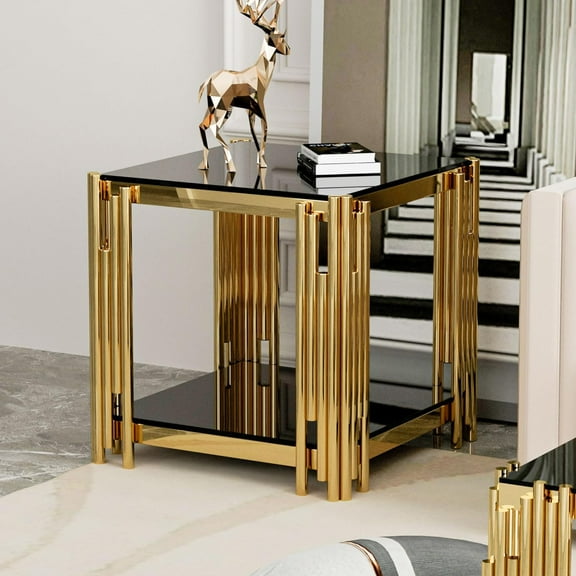Black Glass End Table Modern Living Room Table Sofa Side Table 1 Pcs, Luxury Gold Stainless Steel Metal Leg Square Tempered Glass Small Corner Tables (Black, End Table 1pcs)