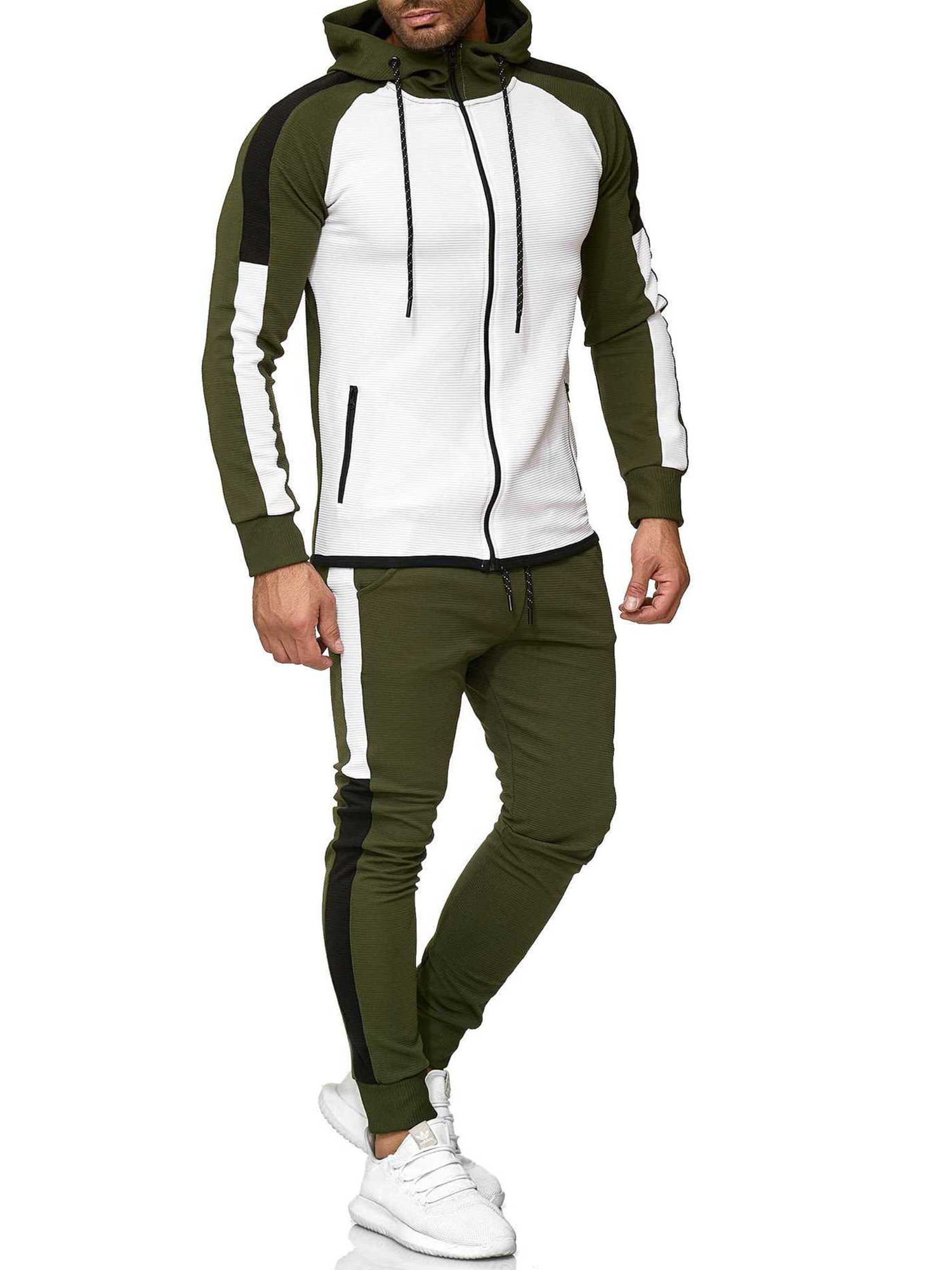 Mens 2 Pieces Patchwork Outfit Set Long Sleeve Full Zip Hooded Pullover Sweater and Long Pants Set Gym Tracksuit Running Set Hip Hop Sports Clothing Set