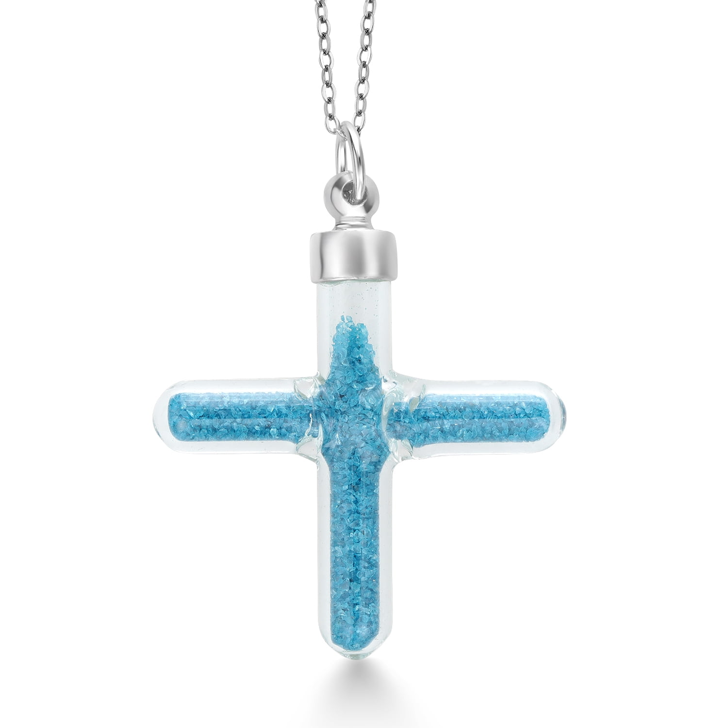 Gem Stone King Swiss Blue Topaz Dust in Glass Cross Pendant Necklace for Women | 925 Sterling Silver | Gemstone Birthstone | With 18 inch Silver Chain
