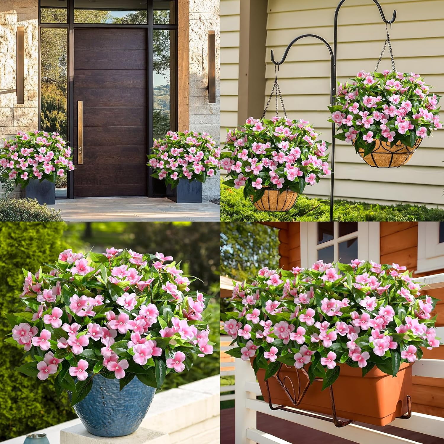 5 Ppcs Artificial Flowers for Outdoors, UV Resistant Faux Flowers for Outdoor Planters, Silk Impatiens Bouquet Pink Spring Artificial Plants for Garden Porch Patio Balcony Yard Decoration