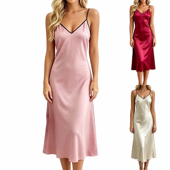 Bovxnpu Womens Nightgown Sleepshirt Pajama Dress Satin Spaghetti Strap Backless Calf Length Nightgown Sleepwear