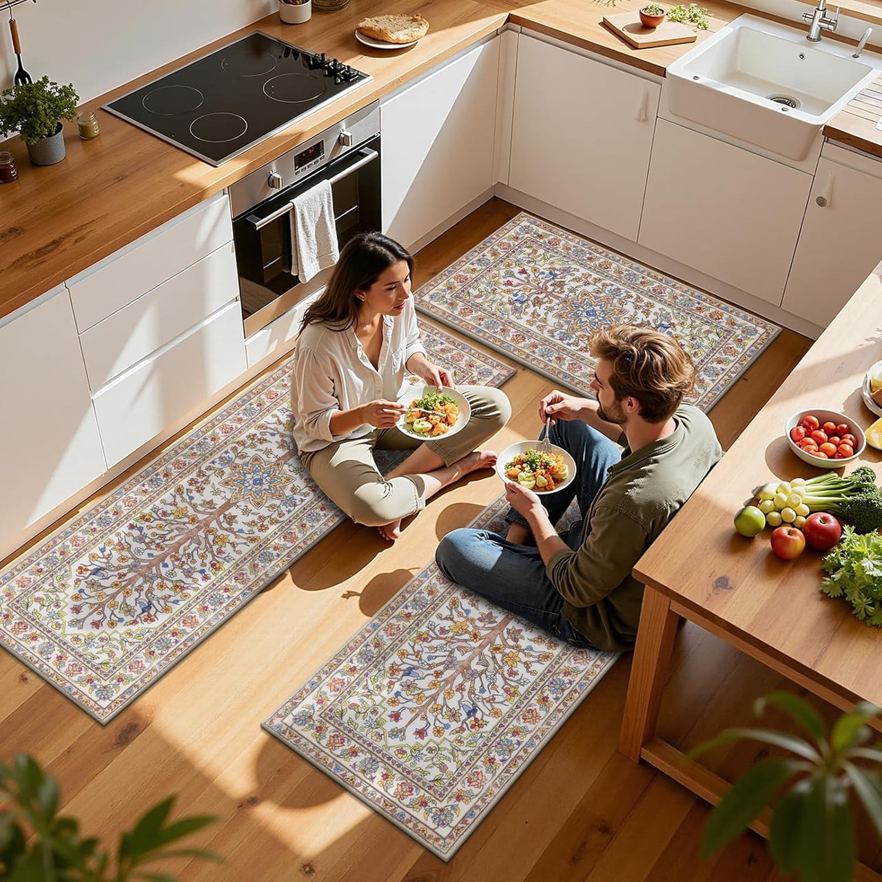 Findosom 3pcs Washable Kitchen Rug Set,Non-Slip Floral Boho Kitchen Mats Kitchen Runner Rug Floor Carpet for Hardwood Floor,Sink,Entryway,Bathroom,Home Decor,20"x32"+20"x48"+20"x59"