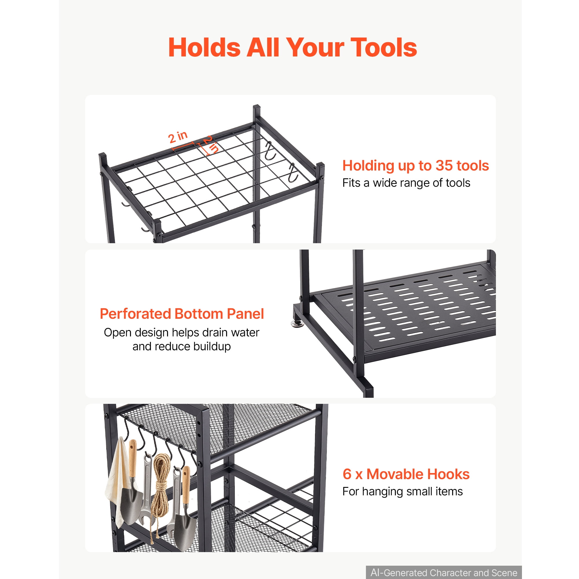 KFFKFF 3-Tier Metal Garden Tool Organizer with Guard Rail, Heavy-Duty Steel Storage Rack for Rakes, Shovels, and Brooms, Ideal for Garage, Shed, or Outdoor Use, Includes Hooks, Black